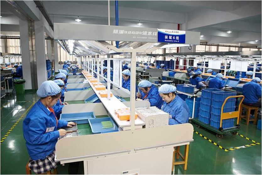 Operators working along an organized factory assembly line